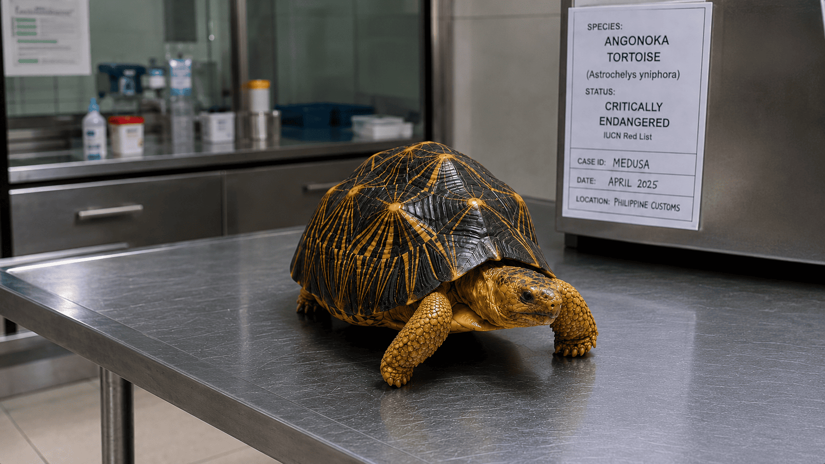An Angonoka tortoise on a veterinary examination table with a species identification card showing Critically Endangered status