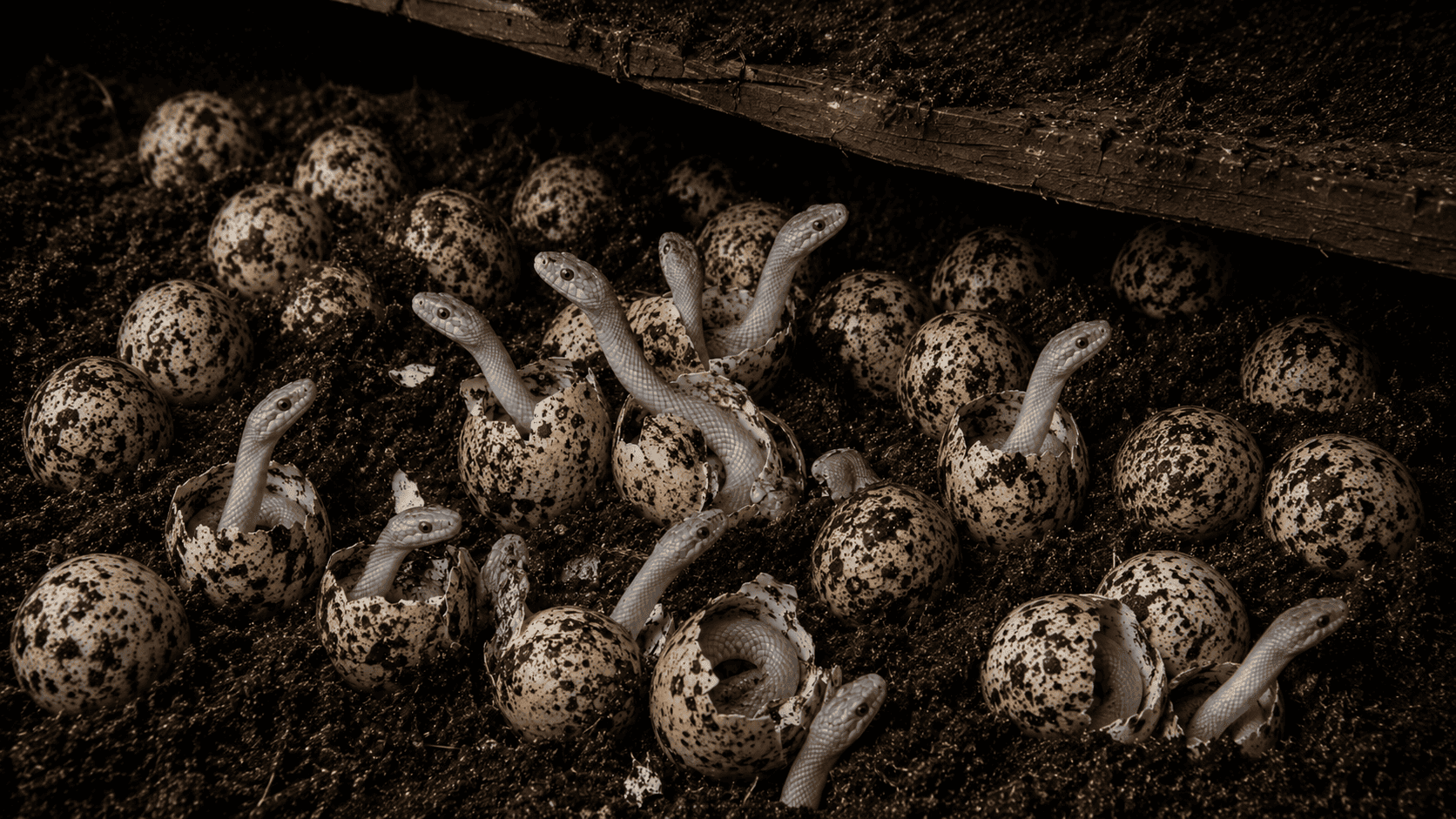 Dozens of pale amelanistic baby black mambas hatching from speckled eggs in dark soil beneath a wooden structure