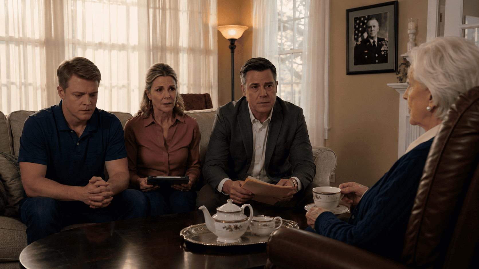 Eleanor's three children confronting her about moving out of the house