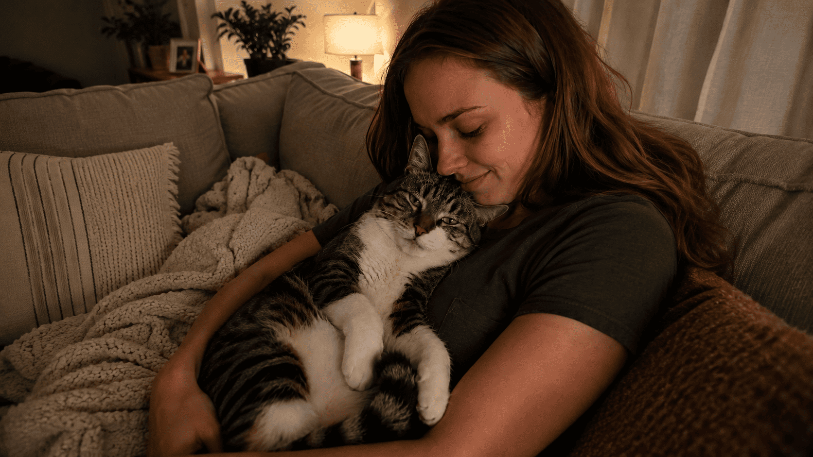 Chloe holding Luna the tabby cat in her arms on the couch, smiling with her eyes closed