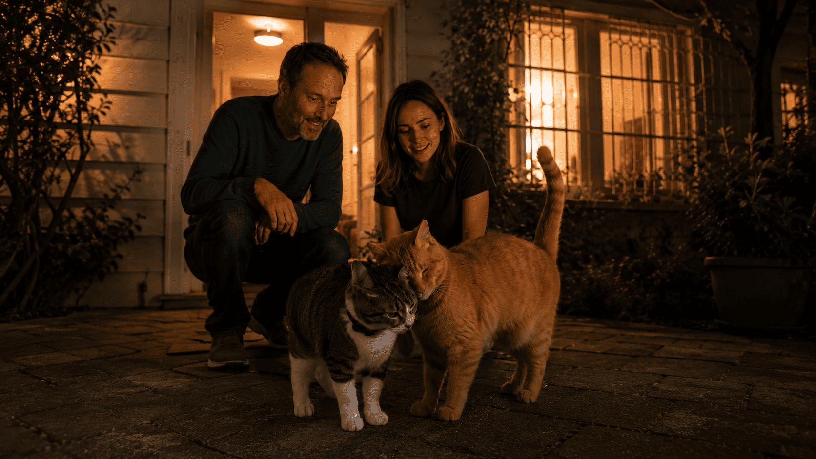 Chloe and her neighbor crouching together at night, both smiling as Luna and the ginger tomcat nuzzle between them