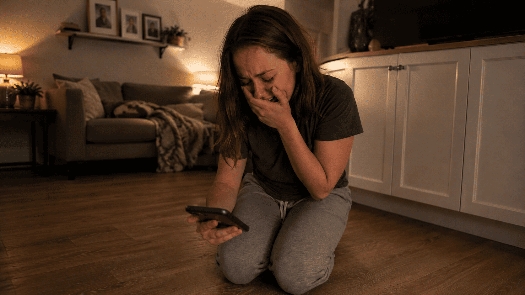 Chloe sitting on the floor in shock, covering her mouth with her hand while looking at her phone