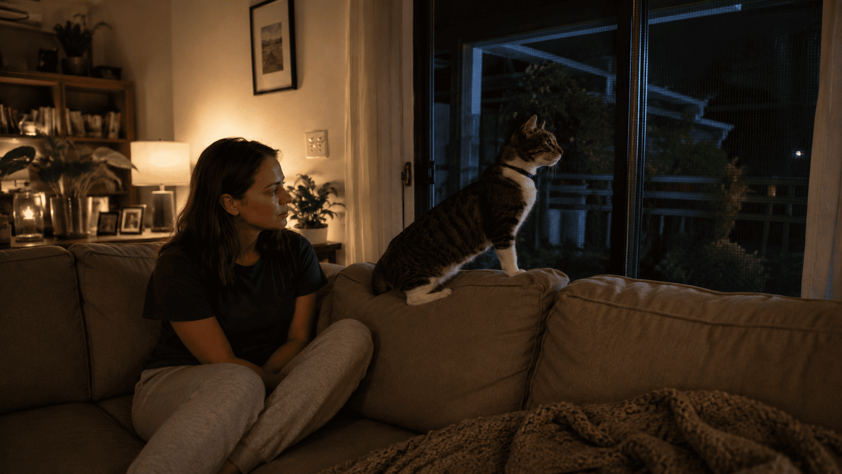 Chloe sitting on the couch at night while Luna stands on the armrest staring out the dark window