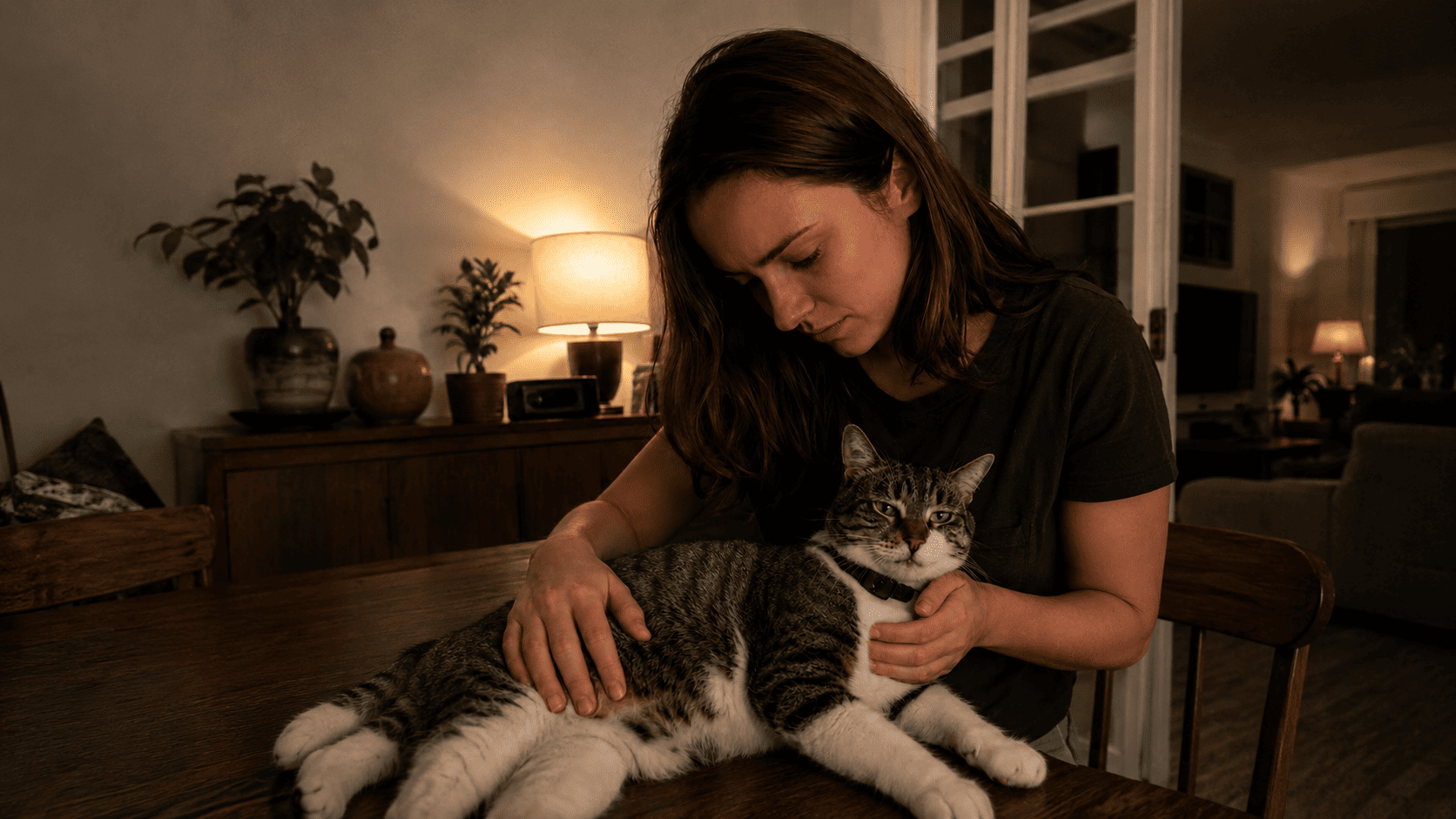 Chloe sitting at the dining table with a worried expression, gently petting Luna who is lying in front of her