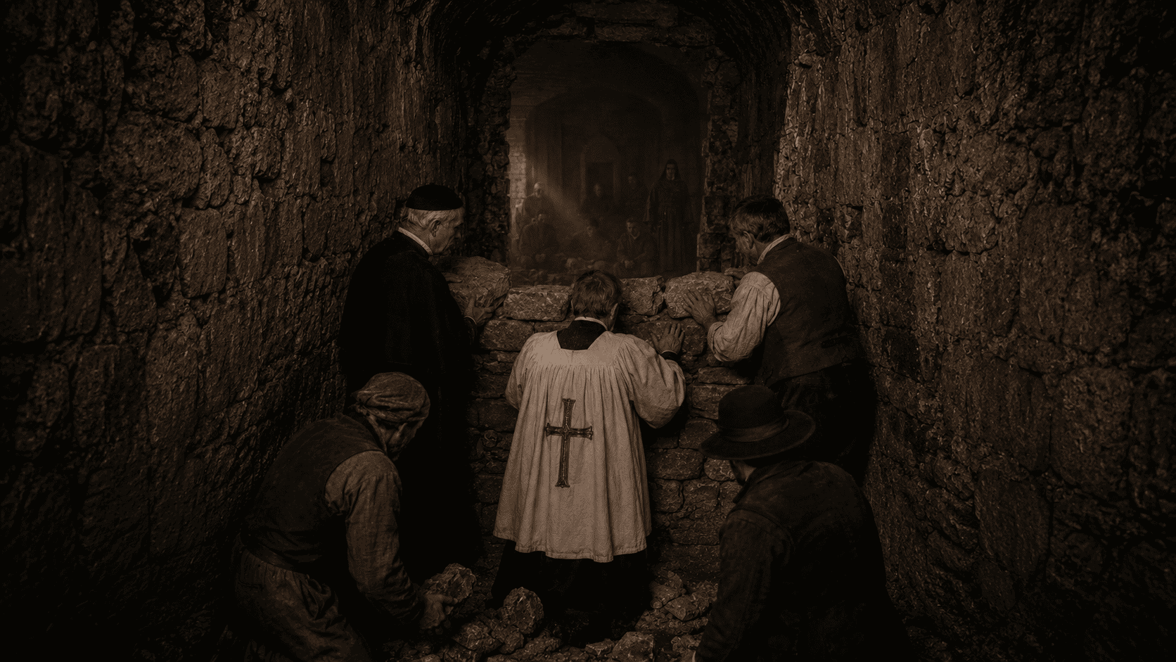 A historical scene of church figures sealing the crypt entrance with stone and mortar by torchlight