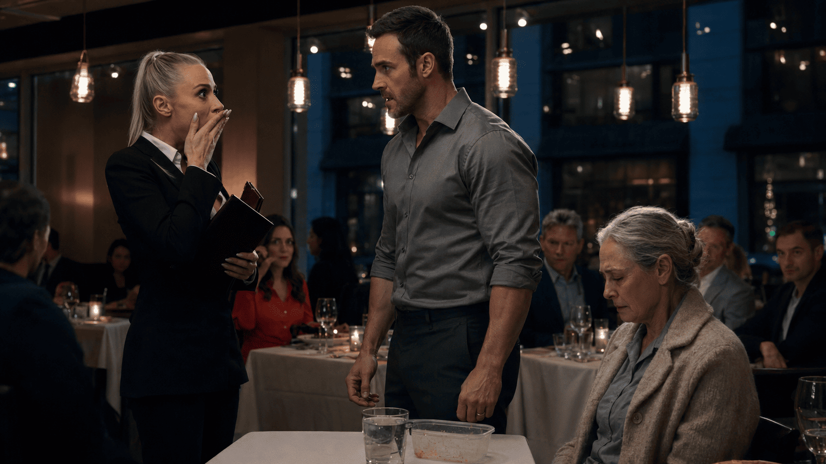 Daniel confronting the waitress after she humiliated his mother Margaret