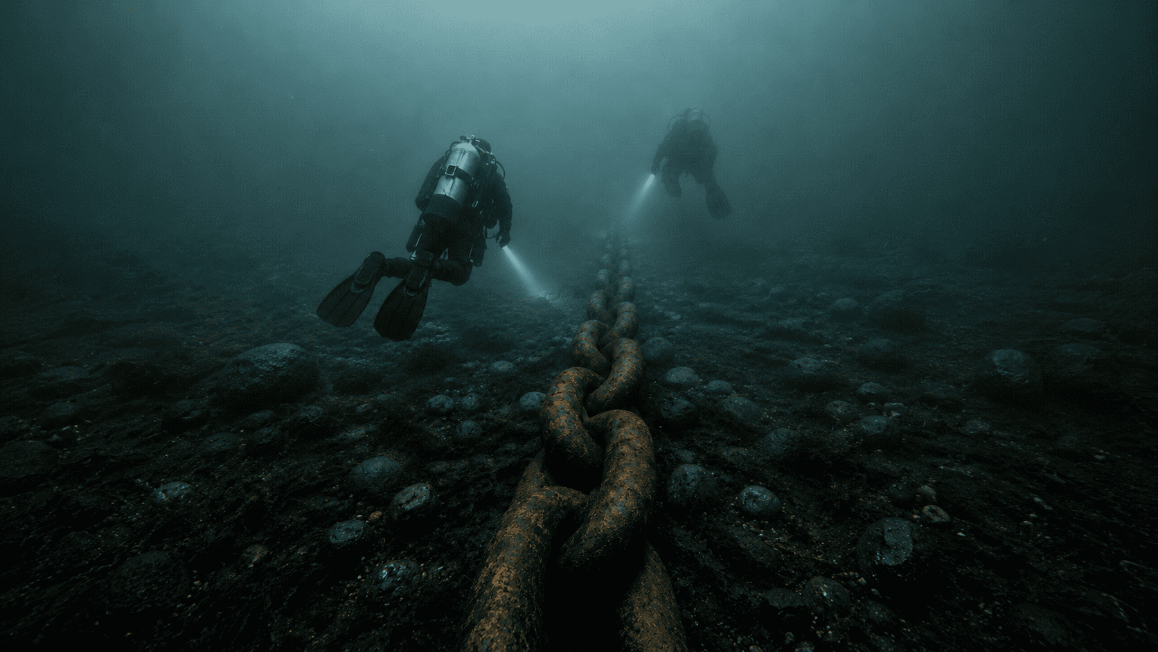 Close-up of divers following the corroded anchor chain along the ocean floor