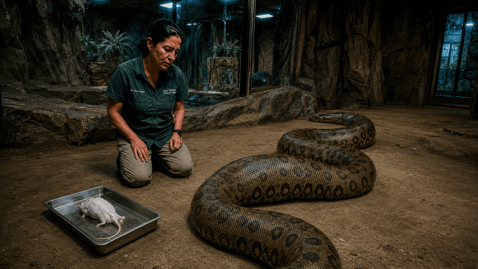 Dr. Elena Vargas kneeling near Medusa the python, who is refusing to eat from a tray