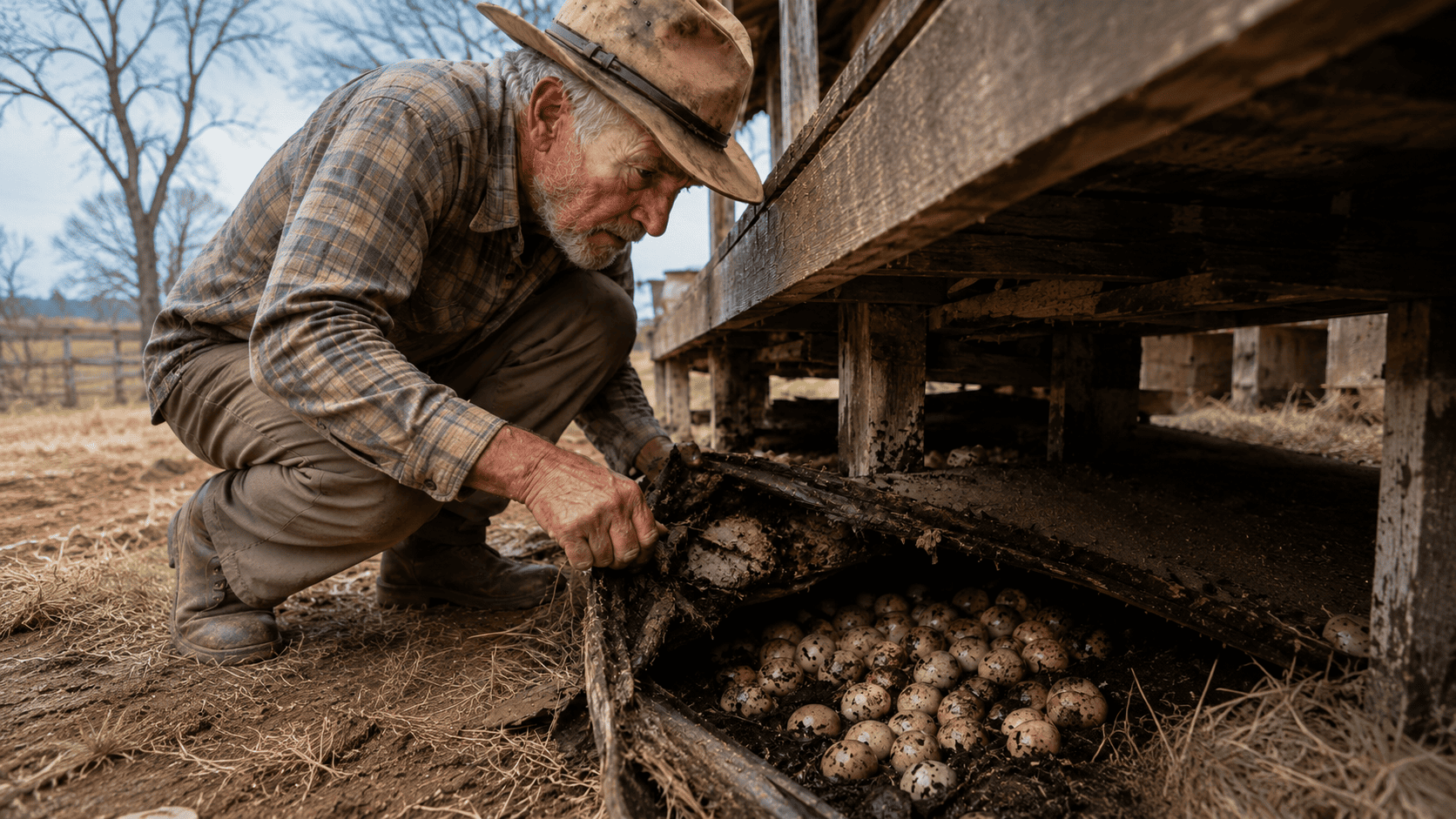 Elias Van Zyl crouching beneath the wooden deck of his farmhouse, discovering hundreds of speckled eggs in the soil