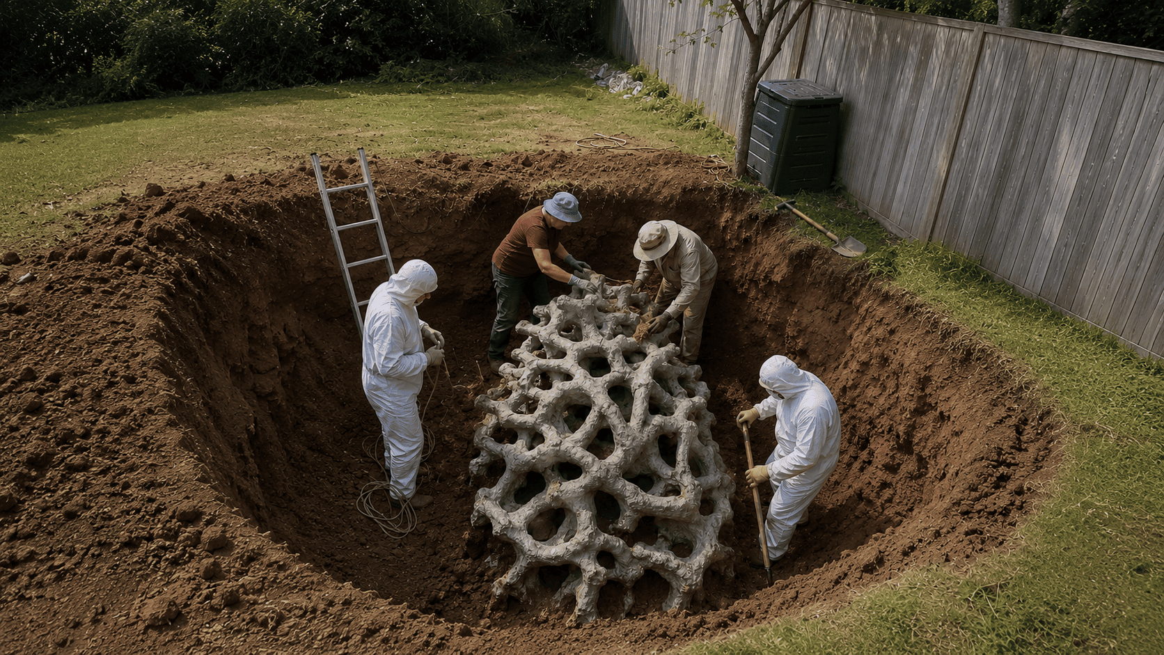 Workers excavating the aluminum cast of the fire ant colony from a large pit in the backyard