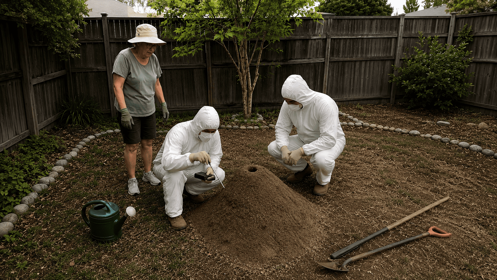Two pest control experts in white protective suits crouching near the ant mound with specialized equipment