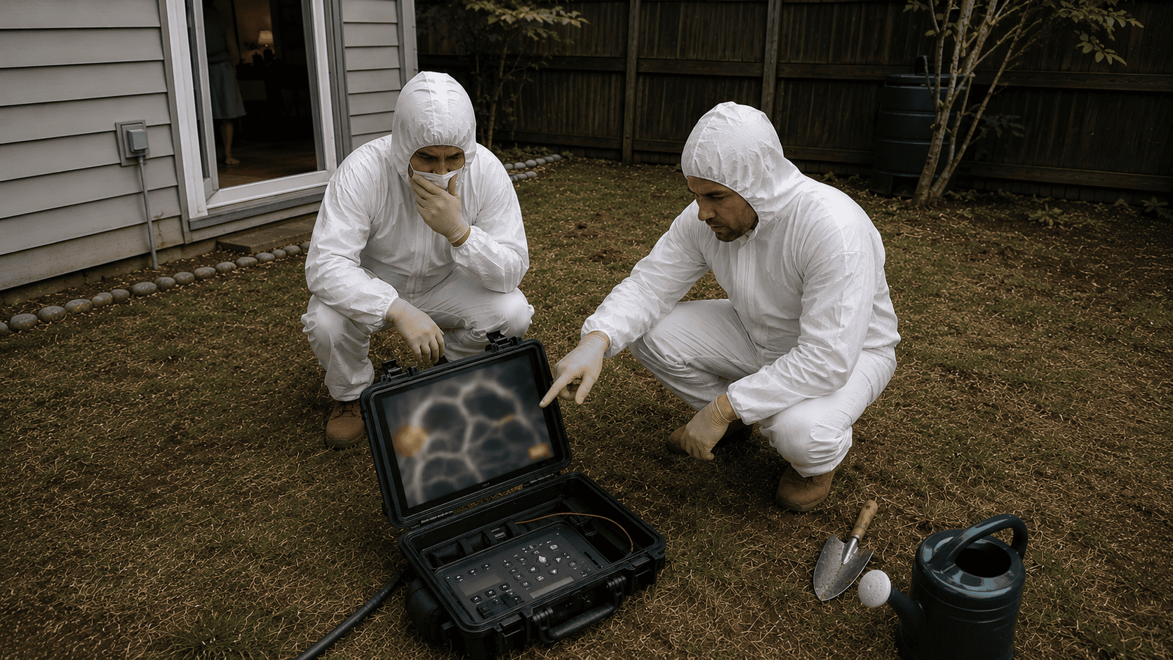 Two experts in protective suits examining a scanning device screen showing an underground network