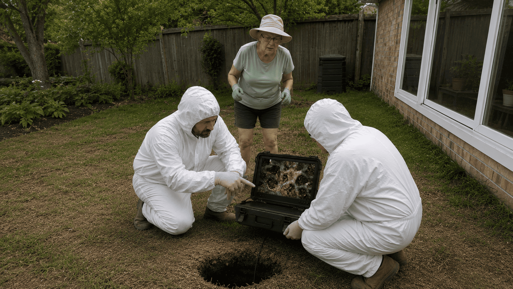Experts in white suits using a camera probe in a hole to map the underground ant colony network