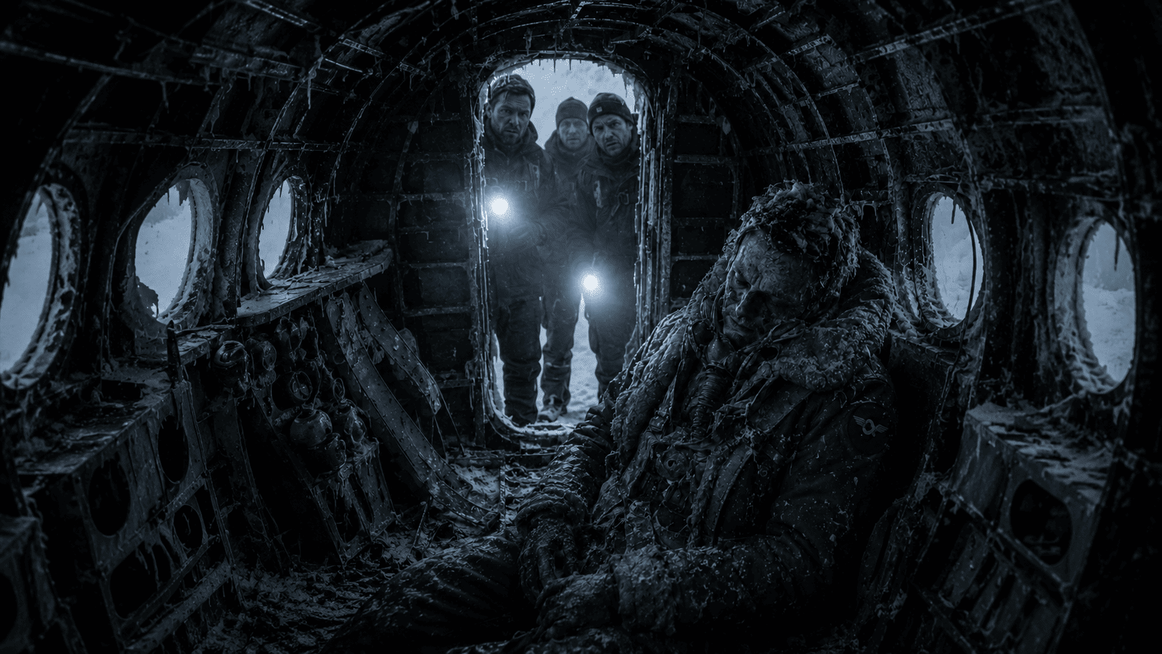 Explorers discovering the perfectly preserved remains of a World War II navigator still in uniform inside the frozen aircraft