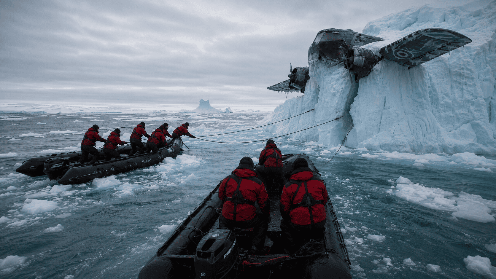 Researchers from multiple vessels working together to stabilize the massive iceberg containing the frozen aircraft