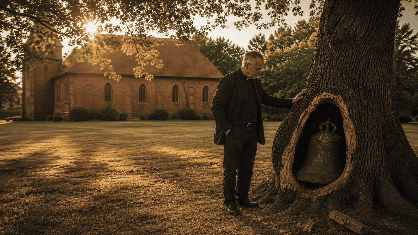 Father Gabriel standing beside the bell inside the tree opening, bathed in golden sunset light, church in background