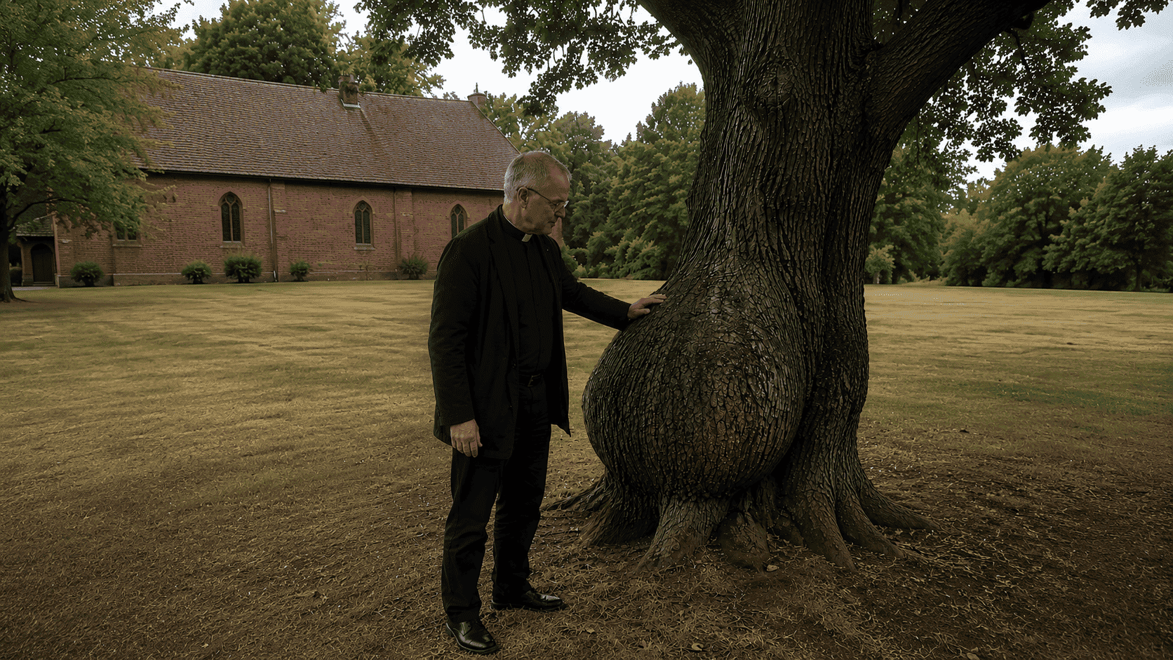 Father Gabriel placing his hand on the tree bulge, looking at it closely with the church behind him
