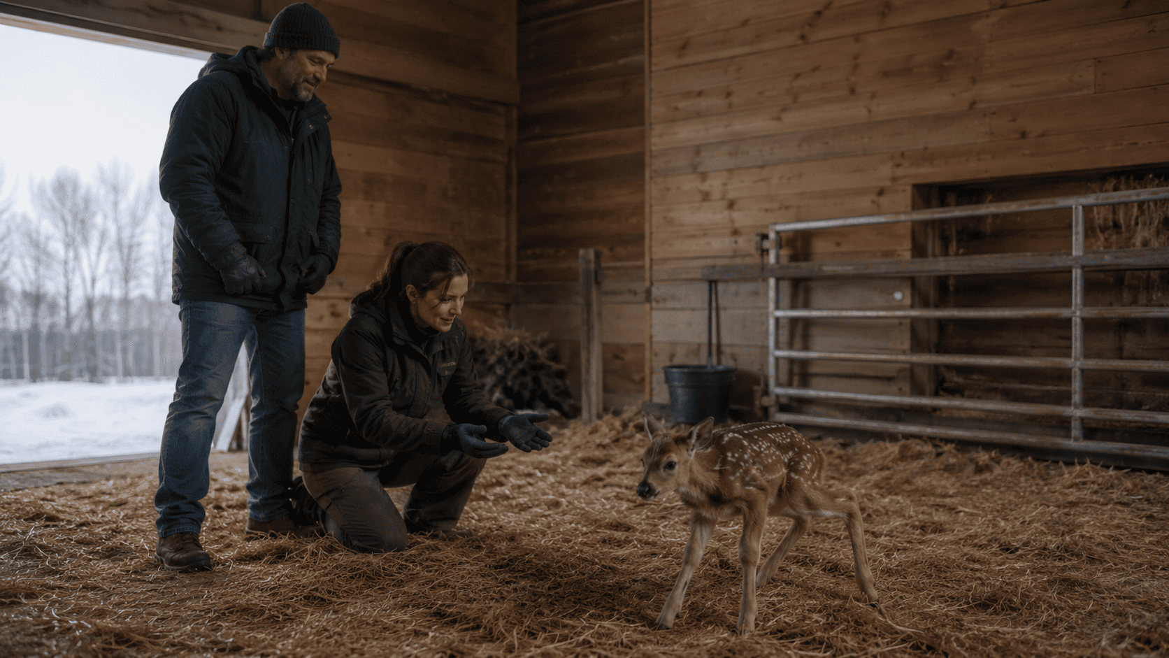 A young fawn taking its first wobbly steps inside a warm recovery barn