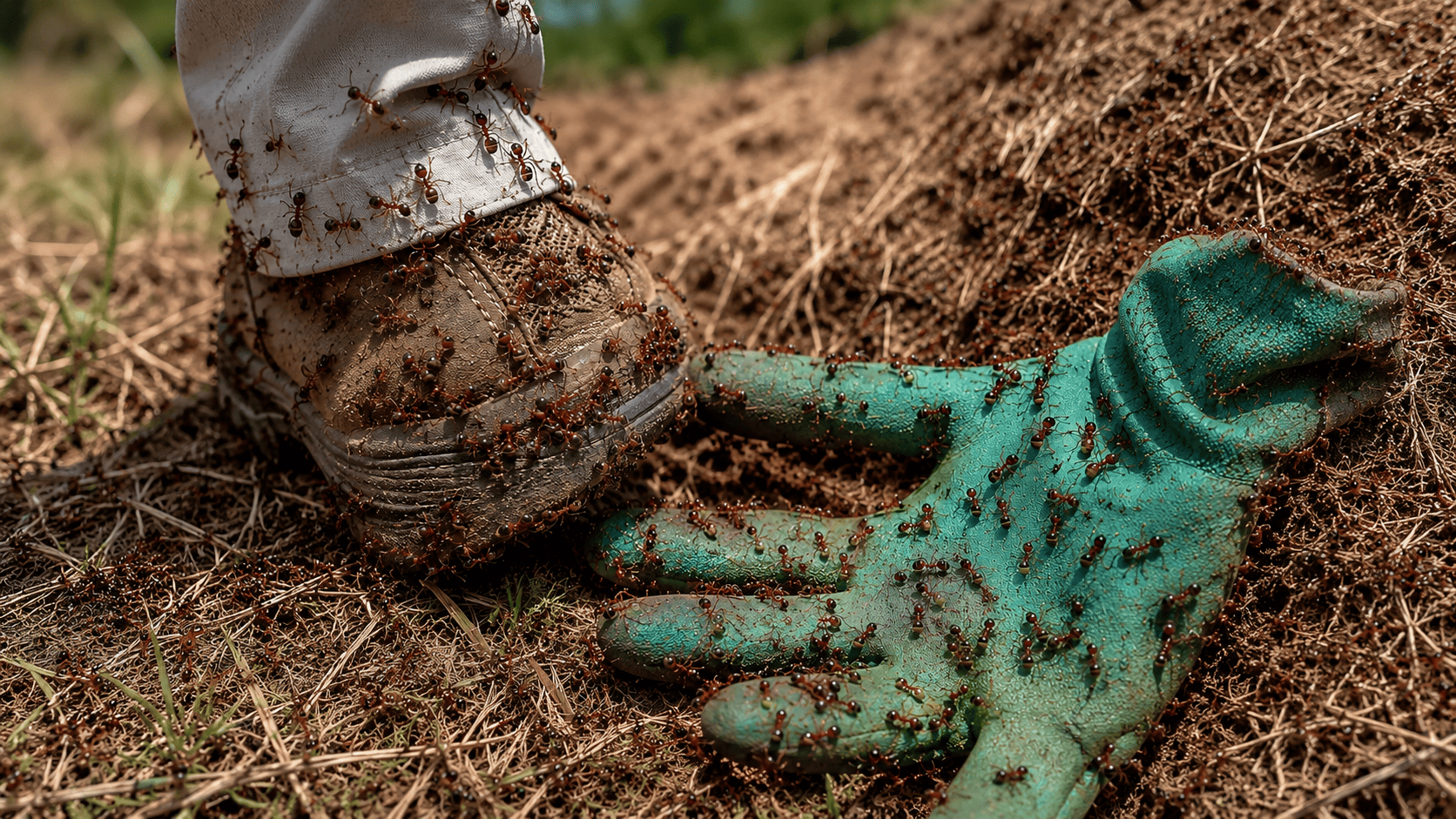 Close-up of thousands of red fire ants swarming over a shoe and a green gardening glove