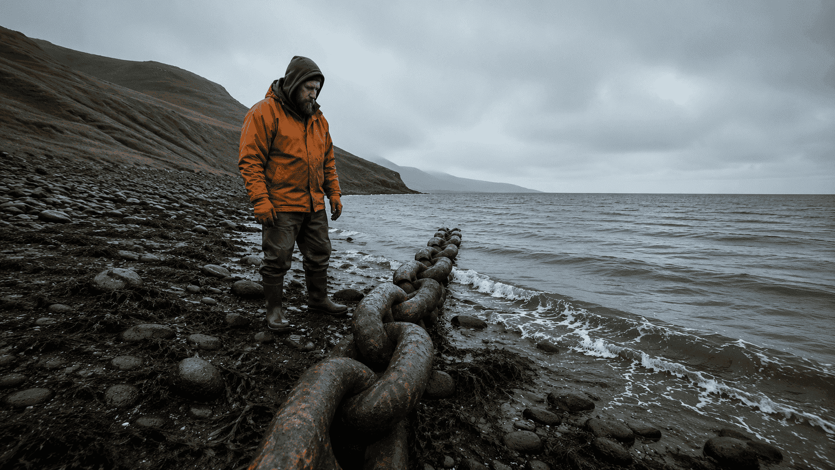 Fisherman Joel Barnes standing next to a massive rusted chain on Attu Island, Alaska