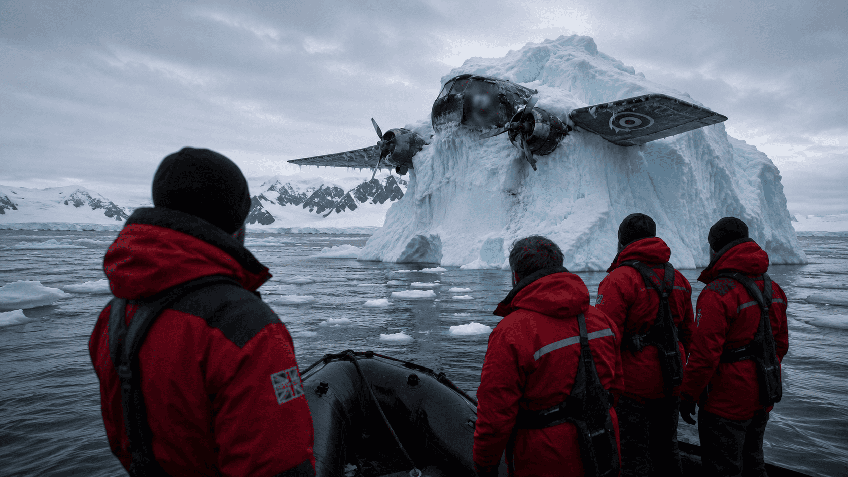 British explorers on zodiacs approaching a massive iceberg containing a frozen World War II transport plane