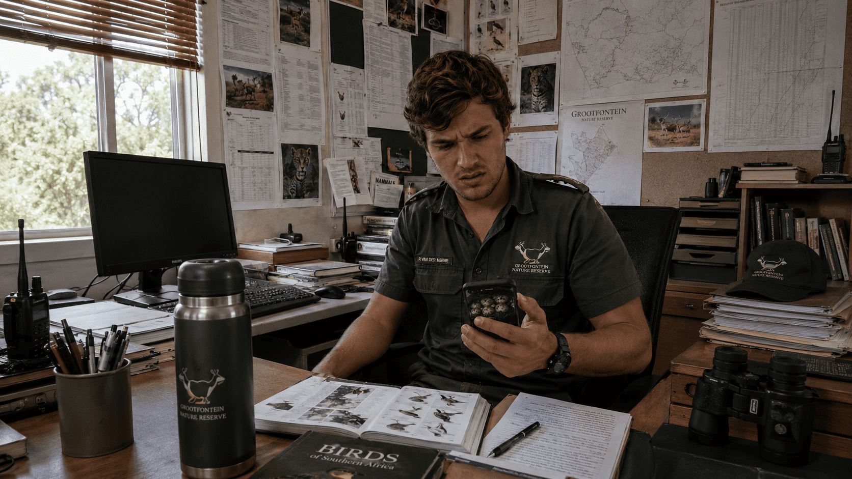 A nature reserve ranger at his desk studying photos of the mysterious eggs on his phone, looking concerned