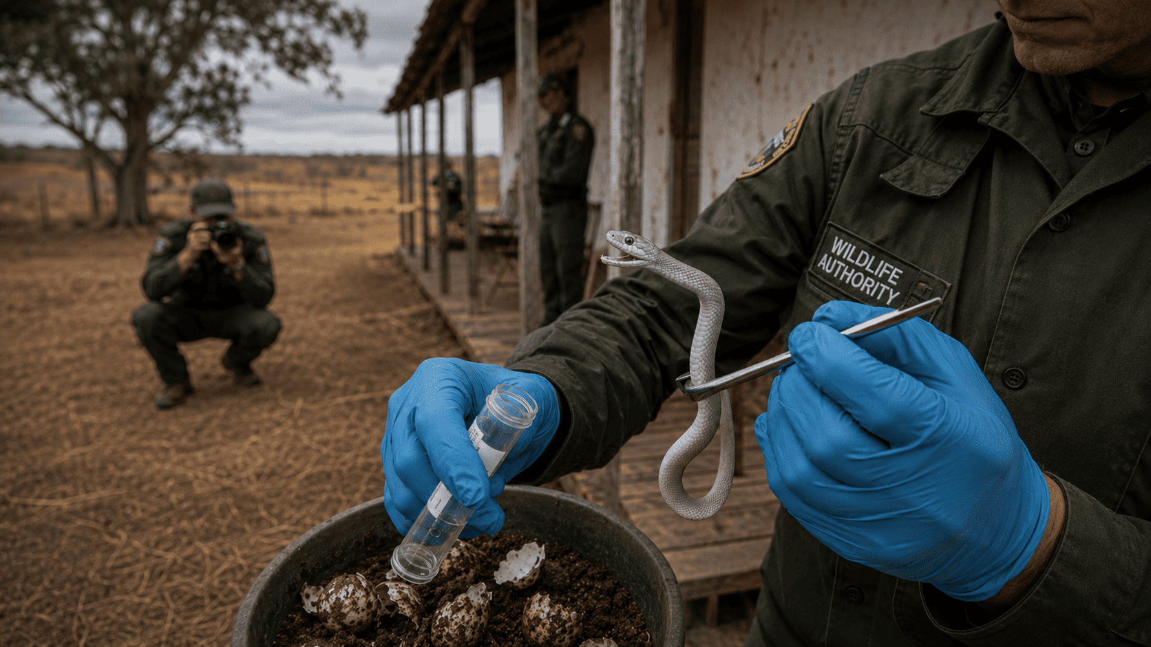 A Wildlife Authority handler in blue gloves holding a live baby amelanistic black mamba with forceps over a container of eggs