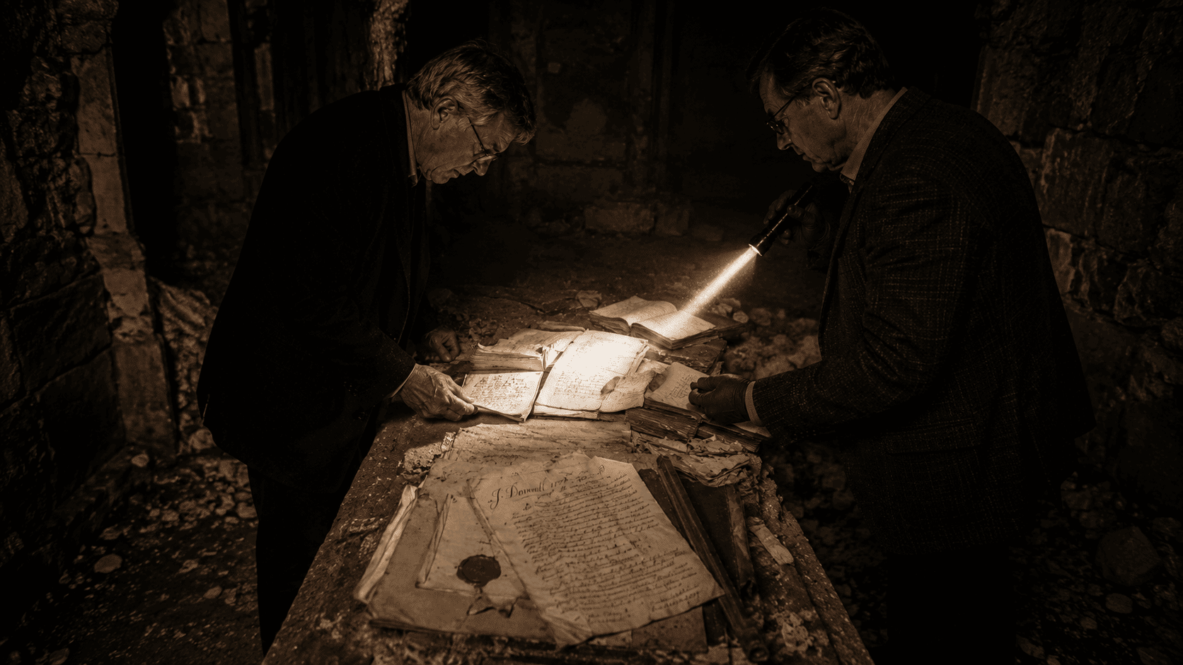 Father William and Dr. Vance examining aged historical documents by flashlight inside the crypt