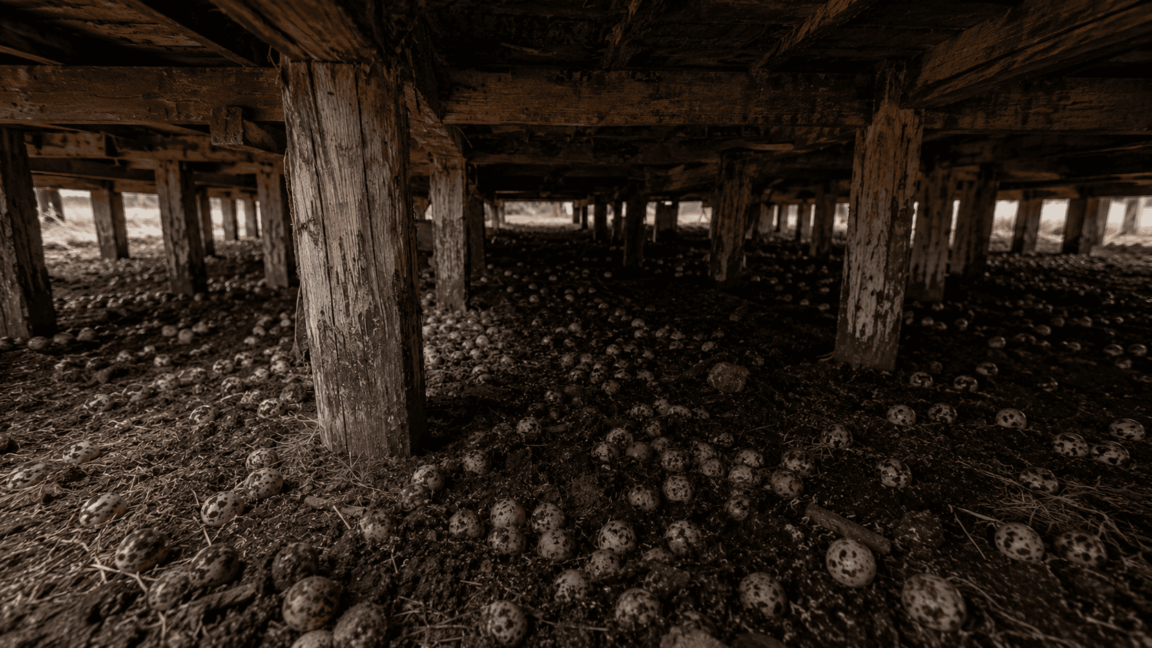 A vast dark crawl space beneath a wooden structure covered from end to end in hundreds of speckled eggs