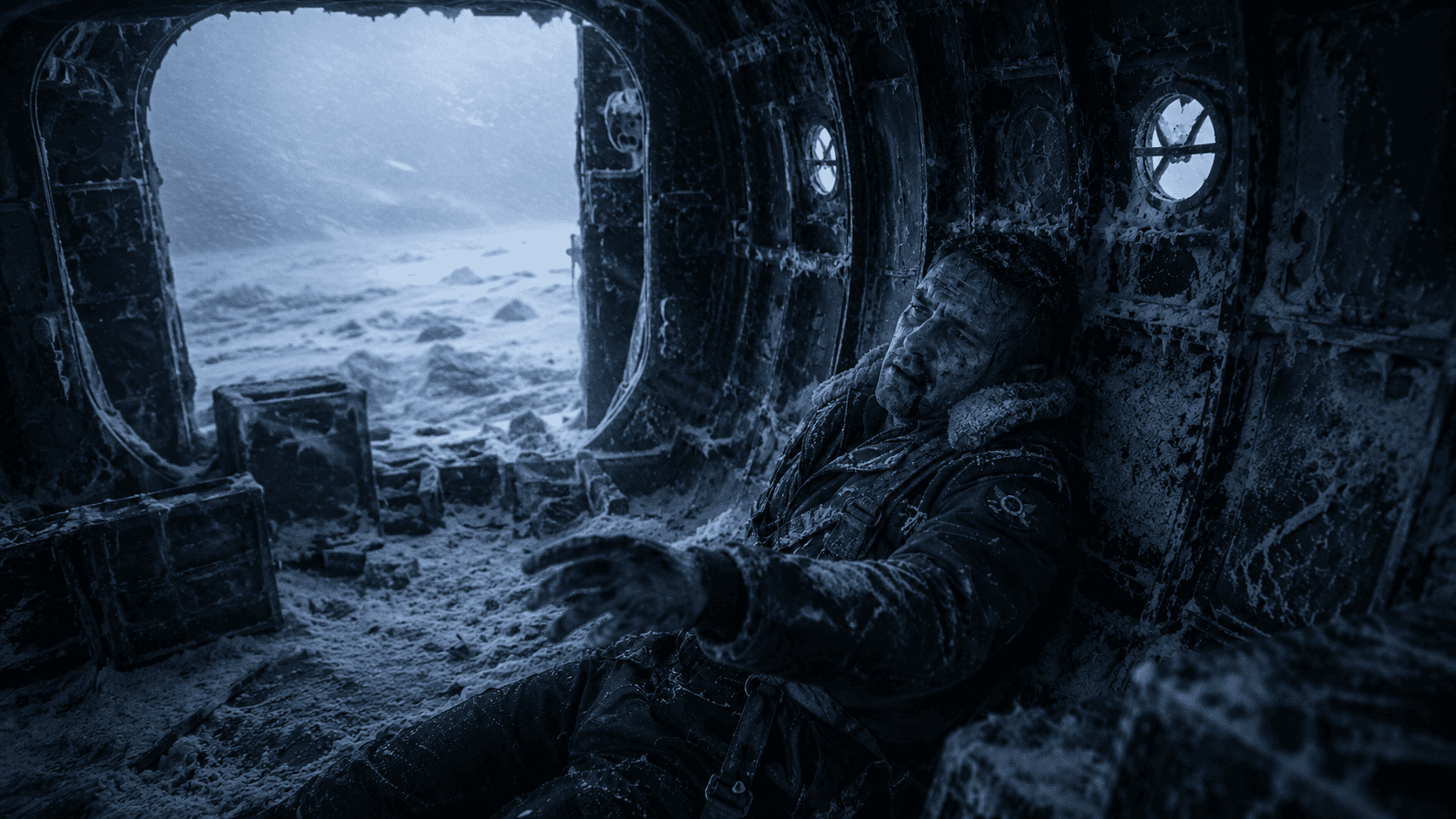 Forensic reconstruction showing the injured navigator trapped inside the frozen wreckage, unable to call for help