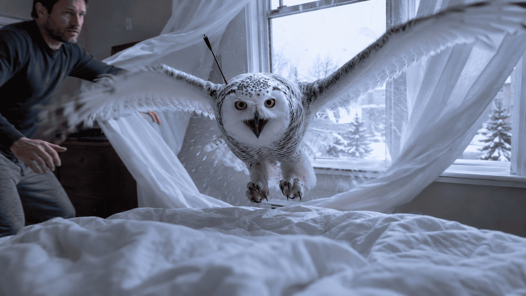 An injured snowy owl crashing into a bedroom with an arrow in her back