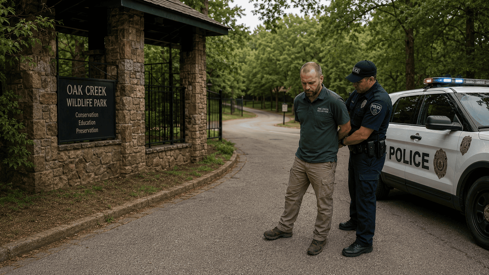 Zookeeper Jenkins being arrested by police outside Oak Creek Wildlife Park