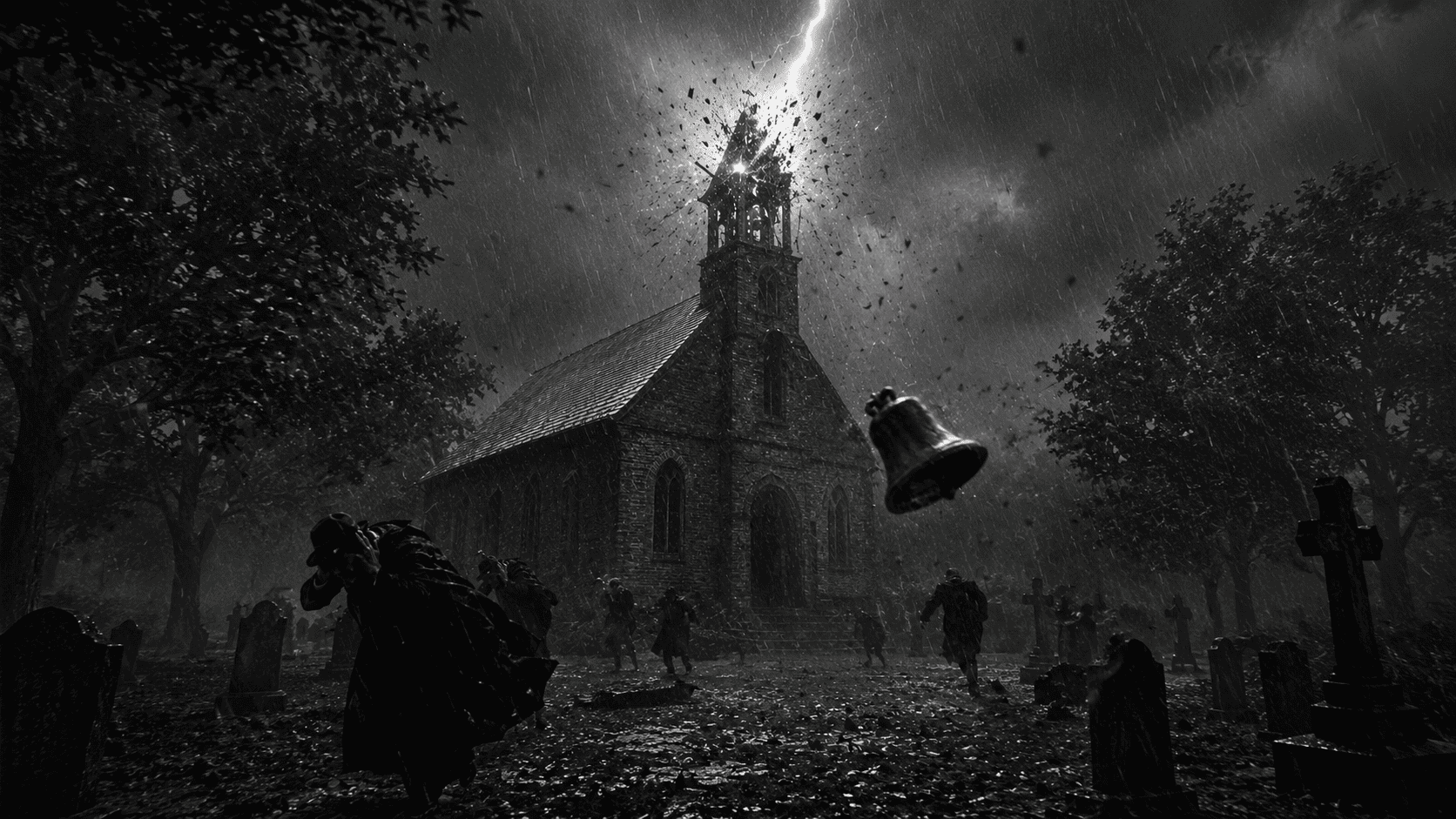 A dramatic black and white scene of lightning striking a church bell tower in 1893, sending the bell flying