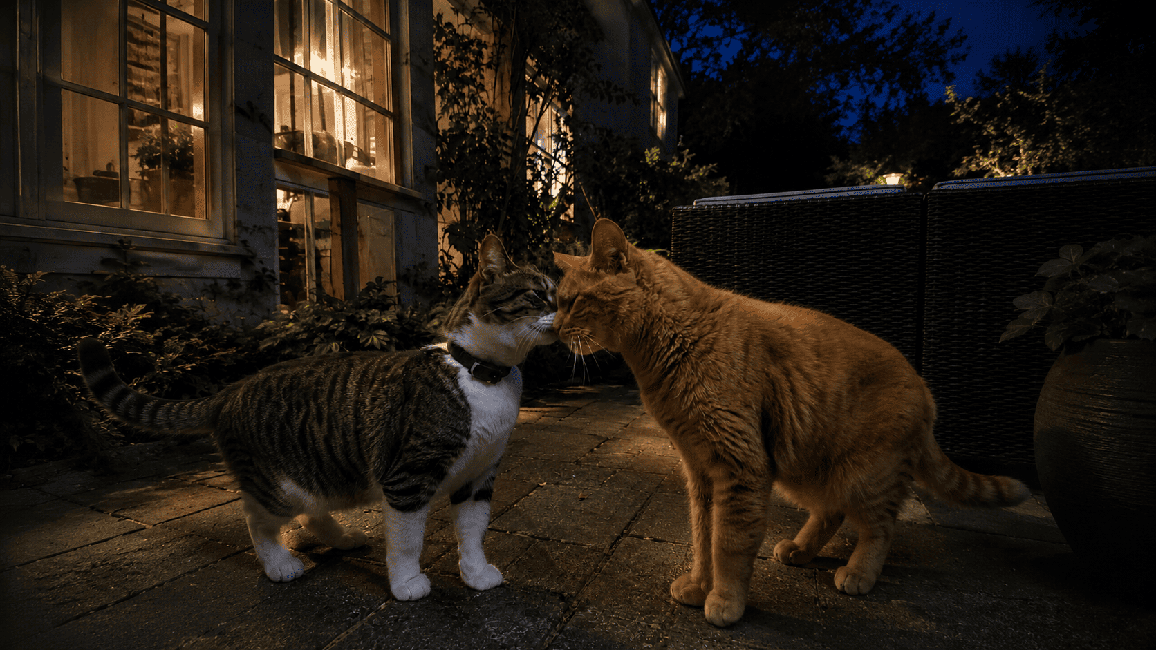 Luna the tabby cat nose-to-nose with a handsome ginger tomcat in a neighbor's backyard at night