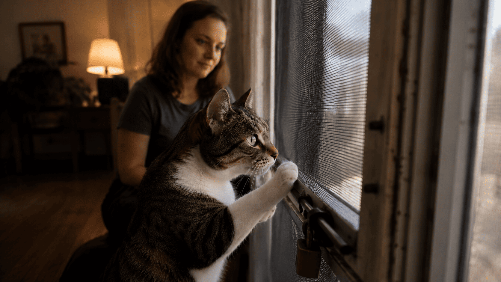 Luna the tabby cat scratching at the locked screen door while Chloe watches from behind