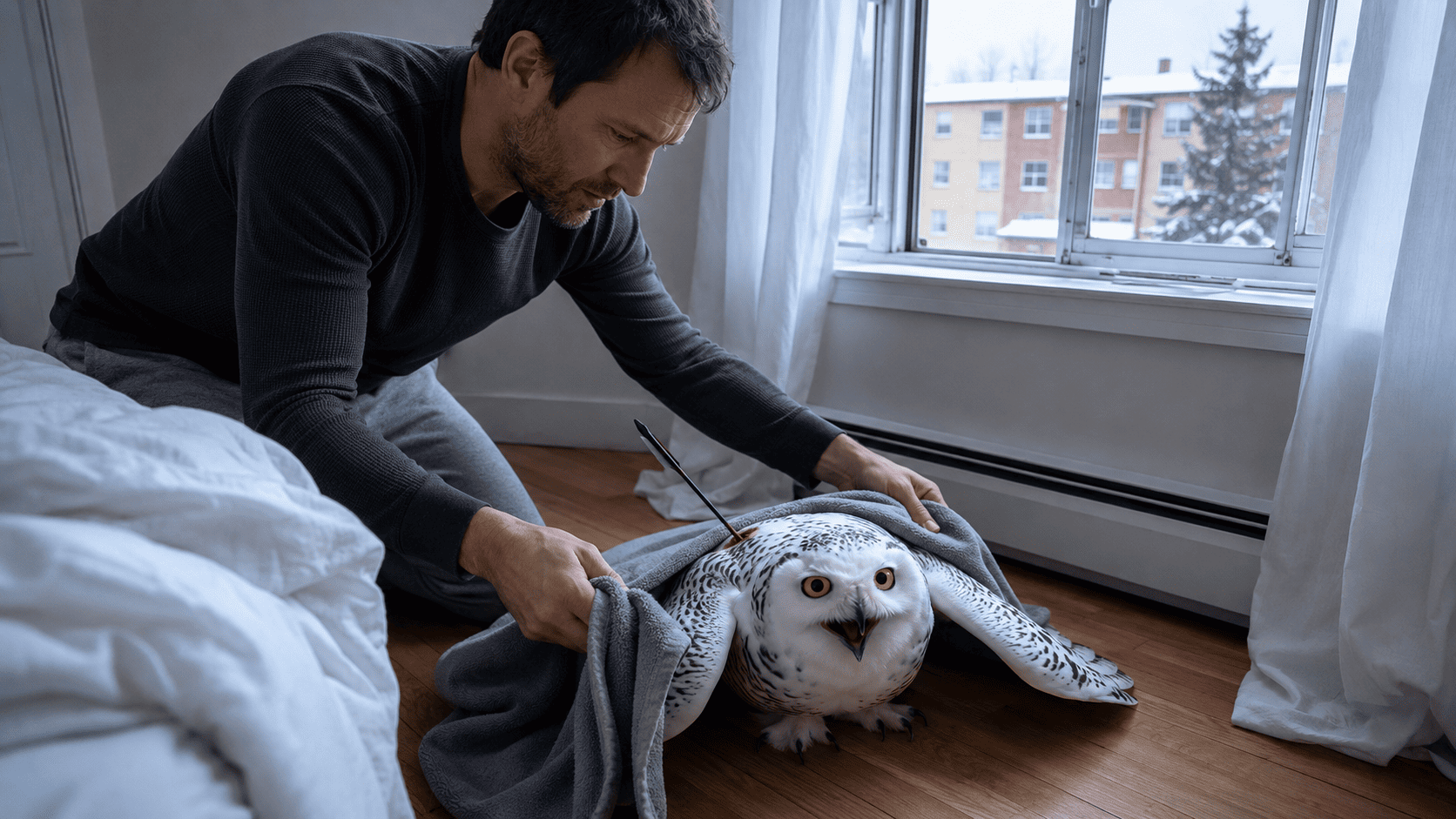 A man carefully covering an injured snowy owl with a blanket on the floor