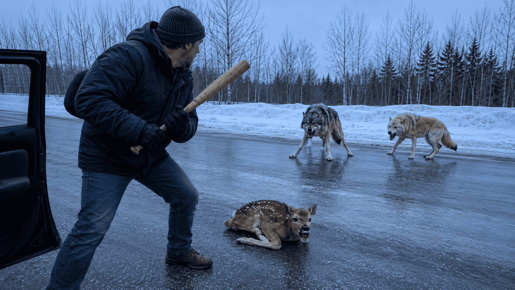 A man standing on an icy road holding a baseball bat and confronting two wolves