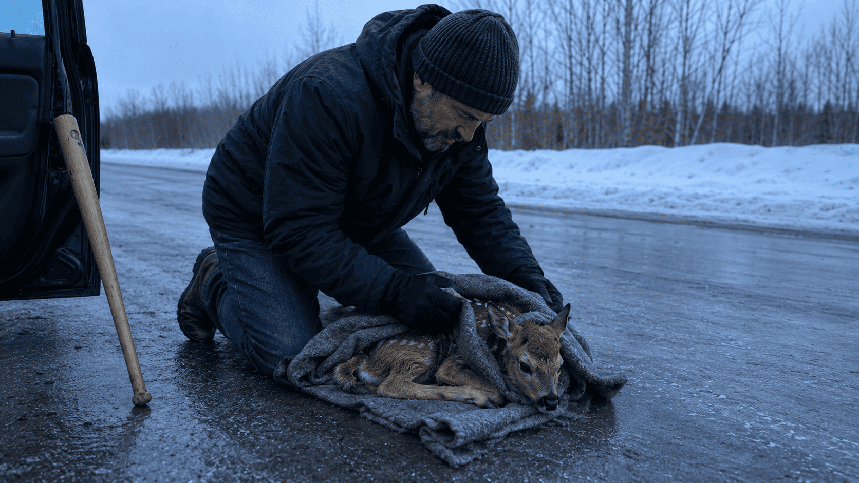 A man gently wrapping a small injured fawn in a blanket on an icy road