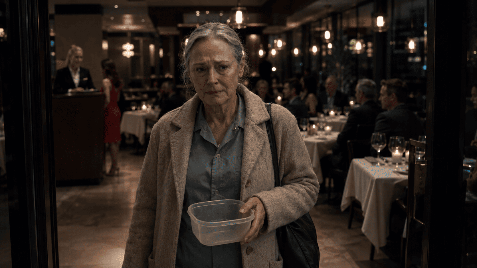 Margaret arriving at Riverside restaurant in her janitor uniform