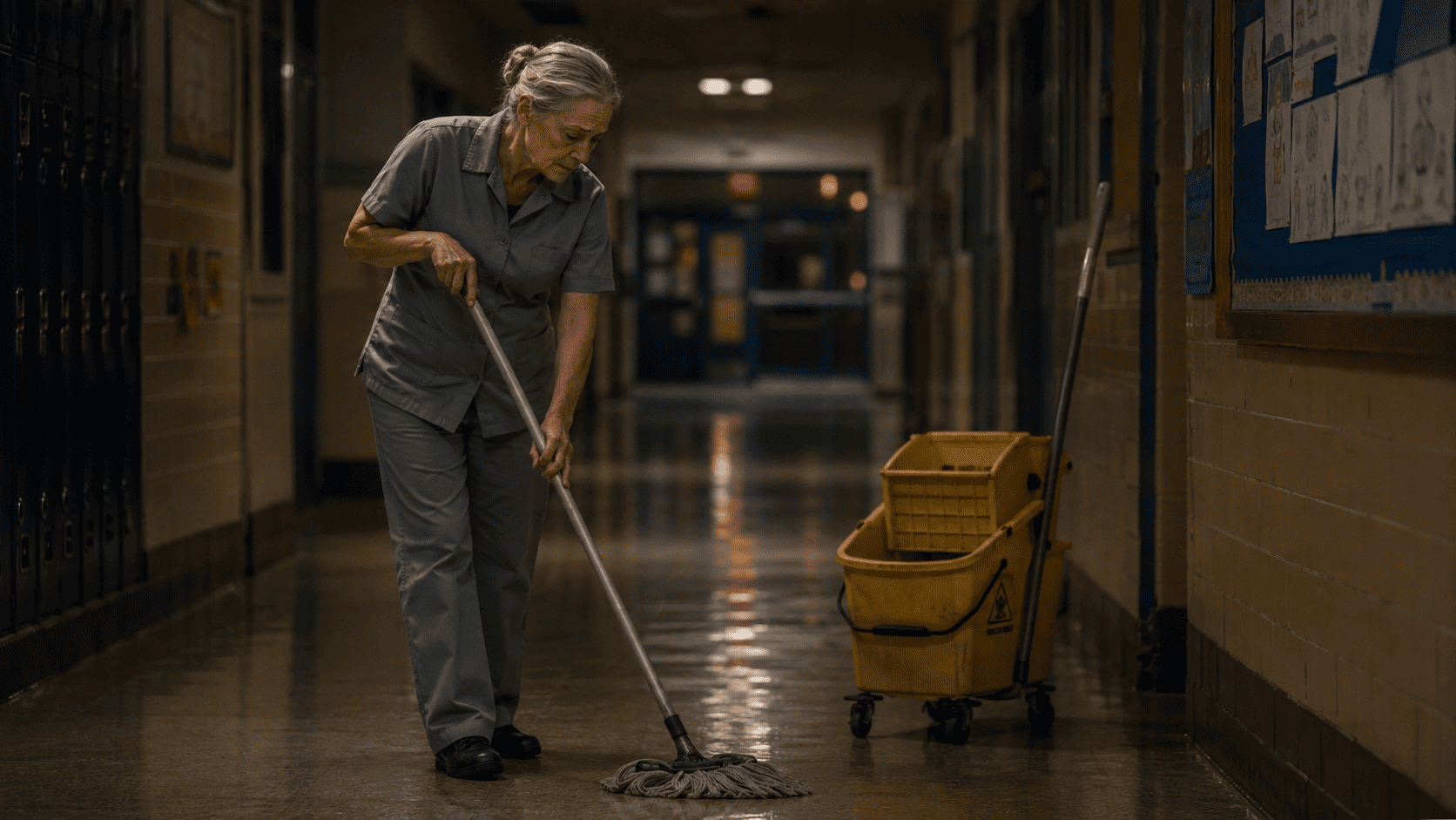 Margaret cleaning a school hallway with a yellow bucket and mop