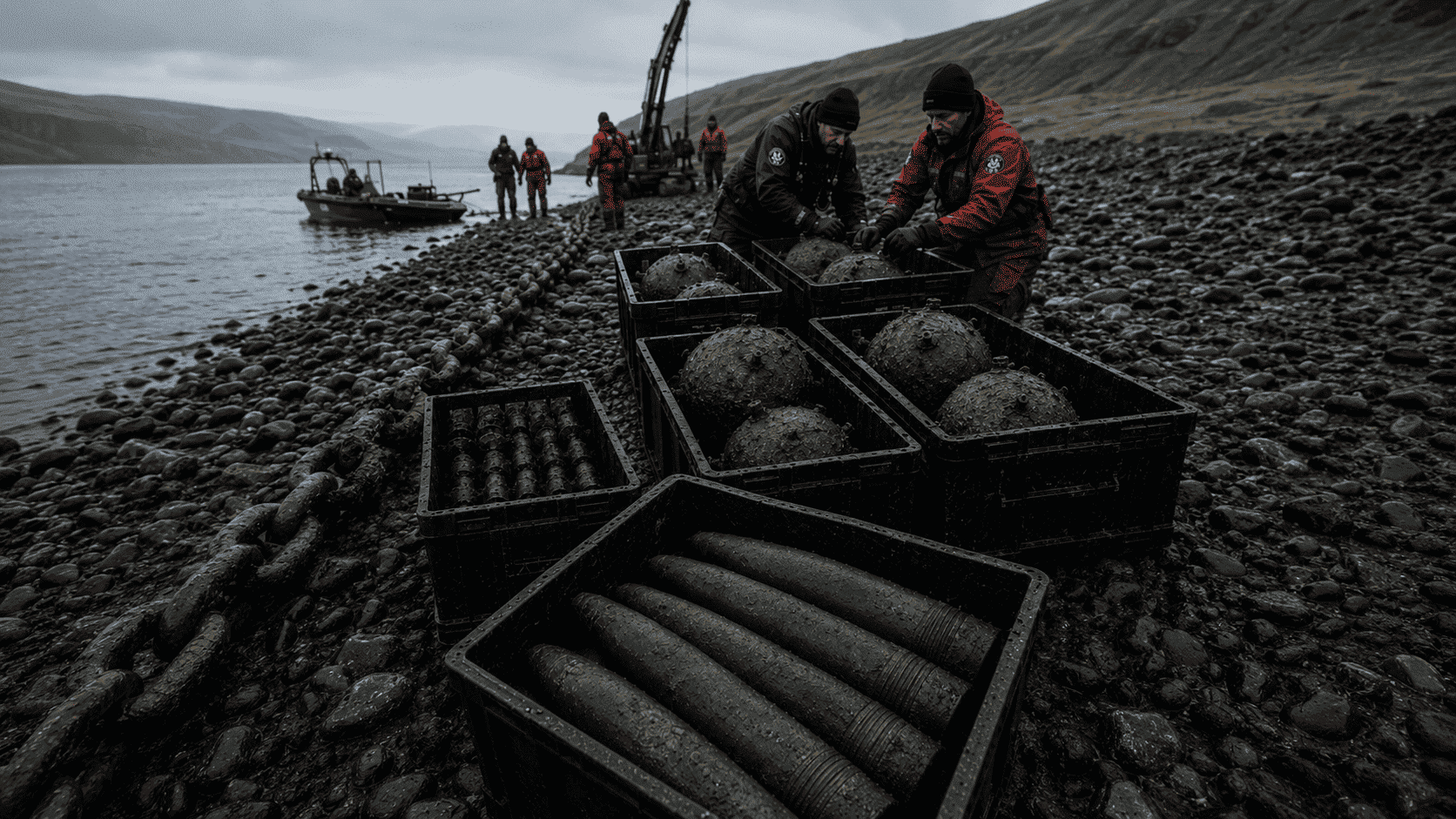 Explosive disposal team recovering crates of corroded artillery shells and sea mines on the Alaskan shoreline