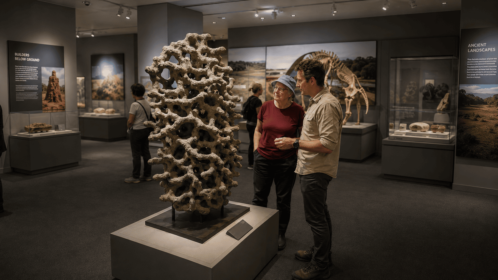 Patricia Davis and a museum curator standing beside the aluminum cast of the ant colony on display at a natural history museum