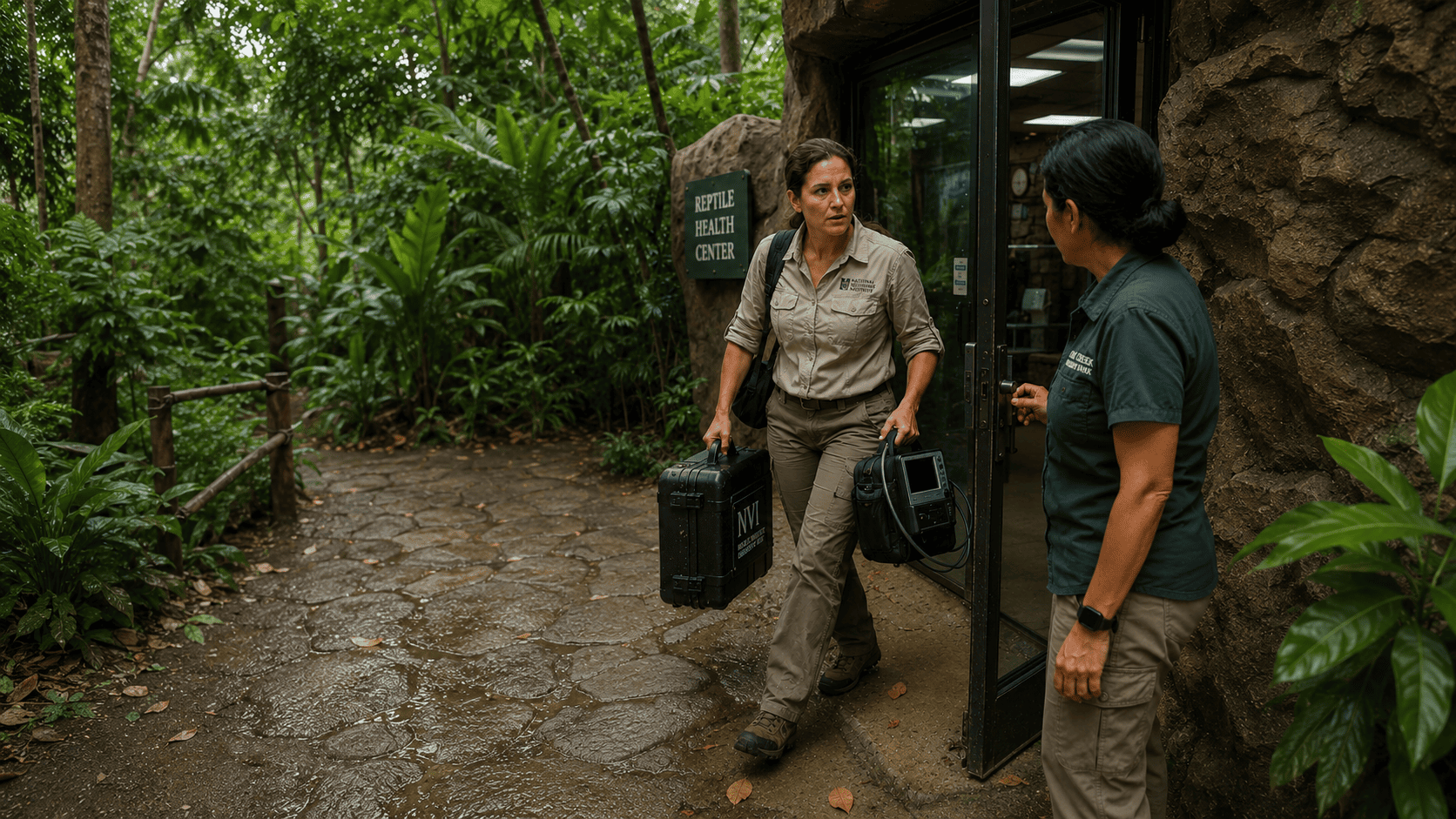 NVI reptile specialist arriving at the Reptile Health Center with ultrasound equipment