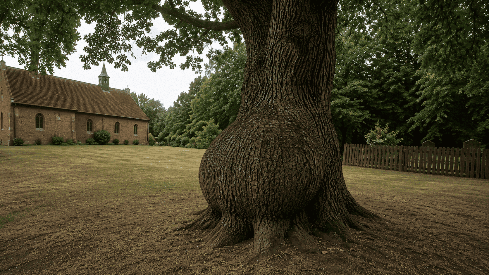 The massive oak tree with a bulge growing near the old church, surrounded by a wooden fence