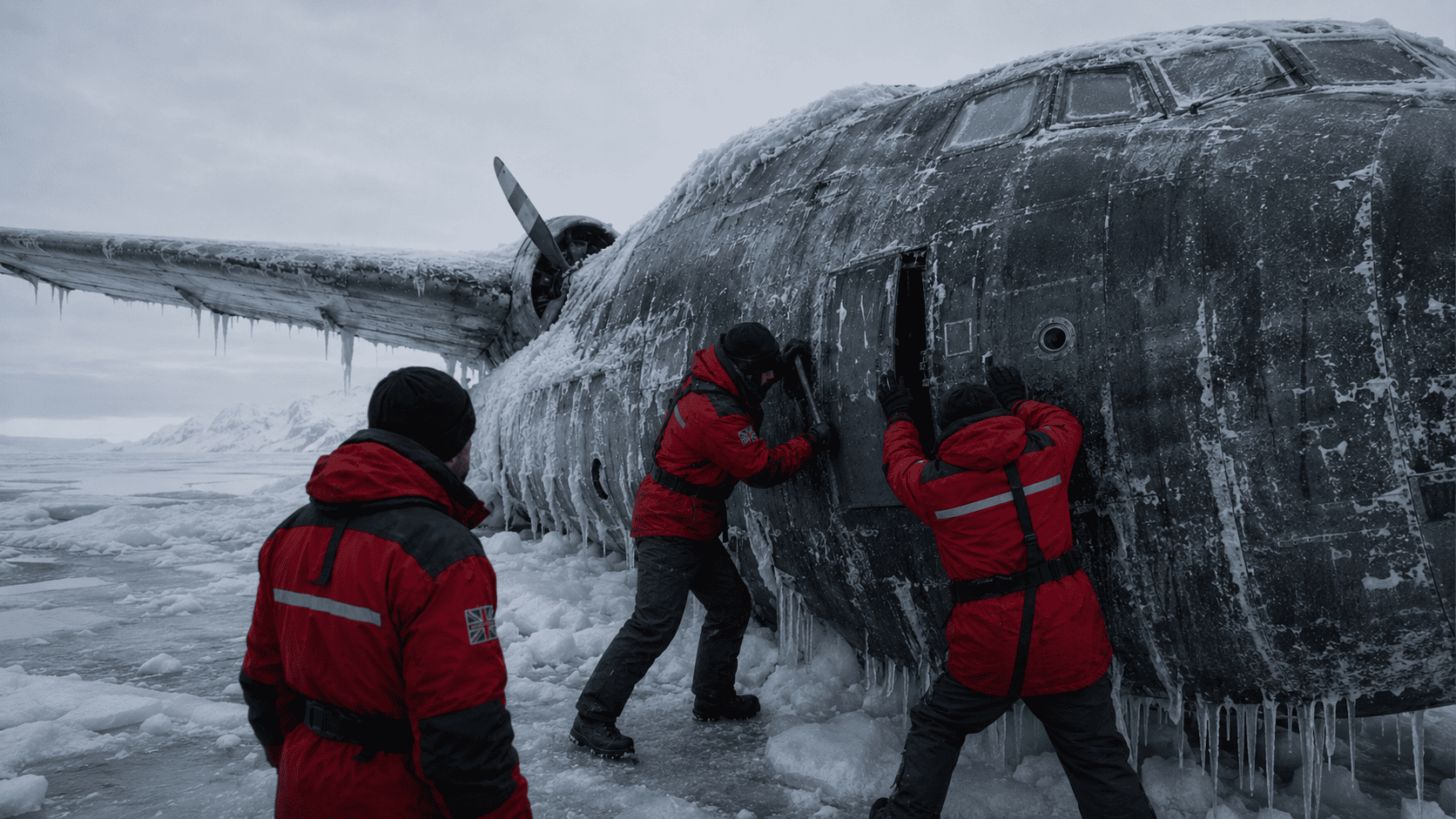 Explorers carefully forcing open the frozen fuselage of the World War II transport plane embedded in the iceberg