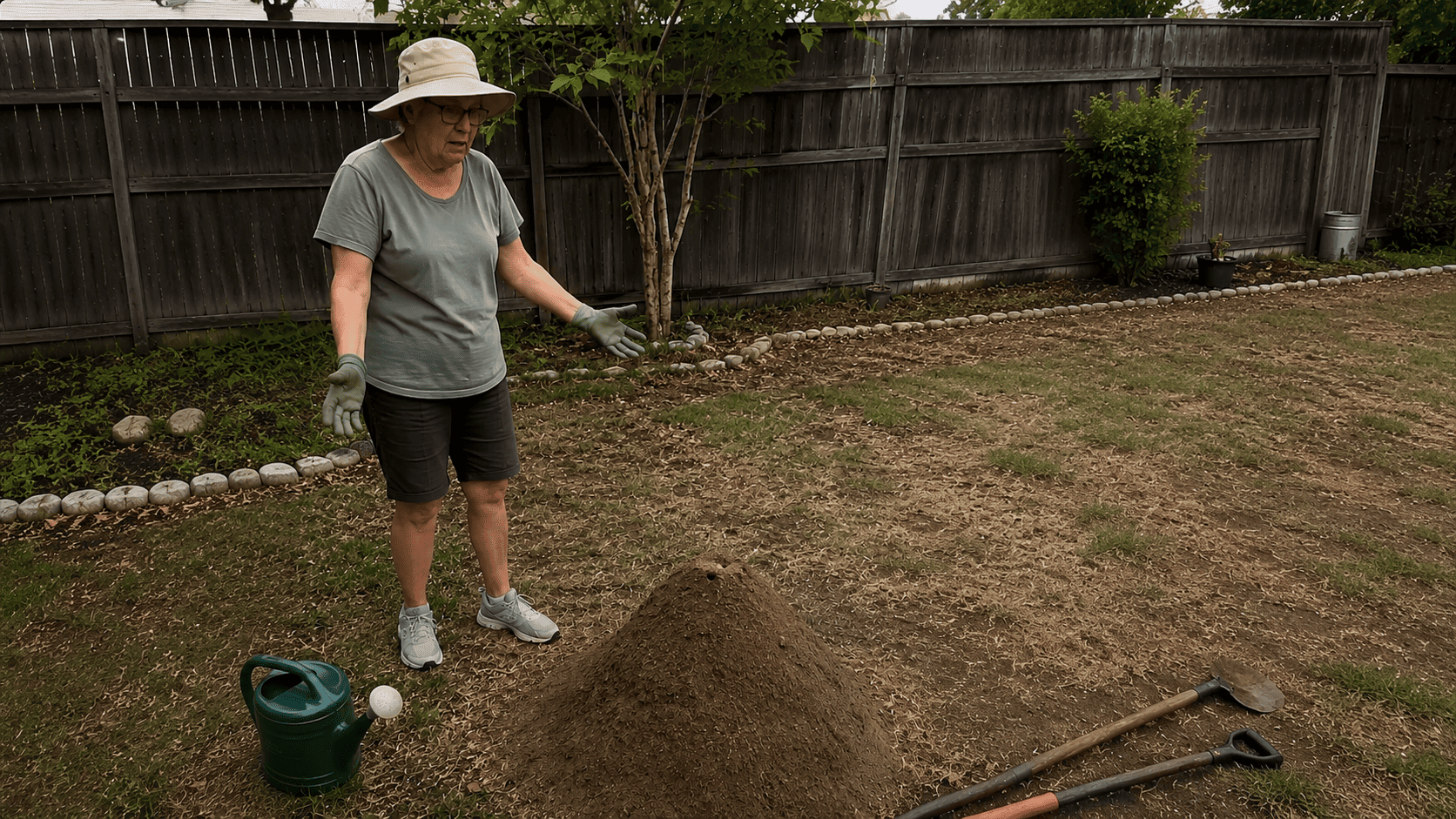 Patricia Davis standing in her backyard garden next to an unusual mound, holding gardening gloves