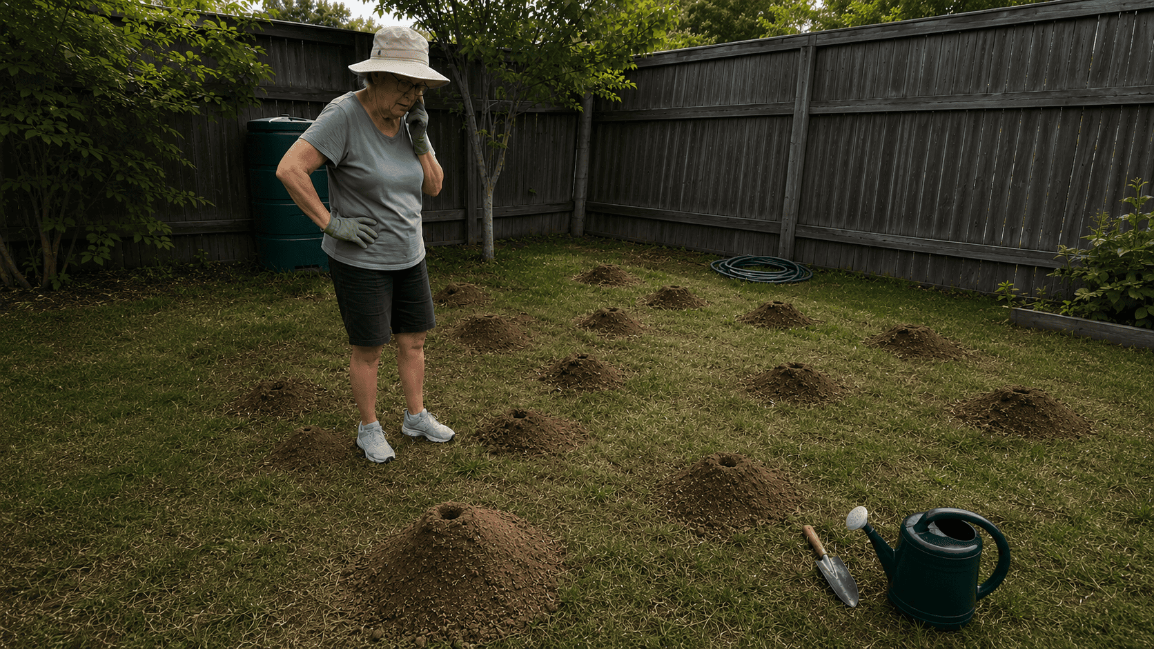 Patricia Davis on the phone surrounded by multiple ant mounds spread across her backyard