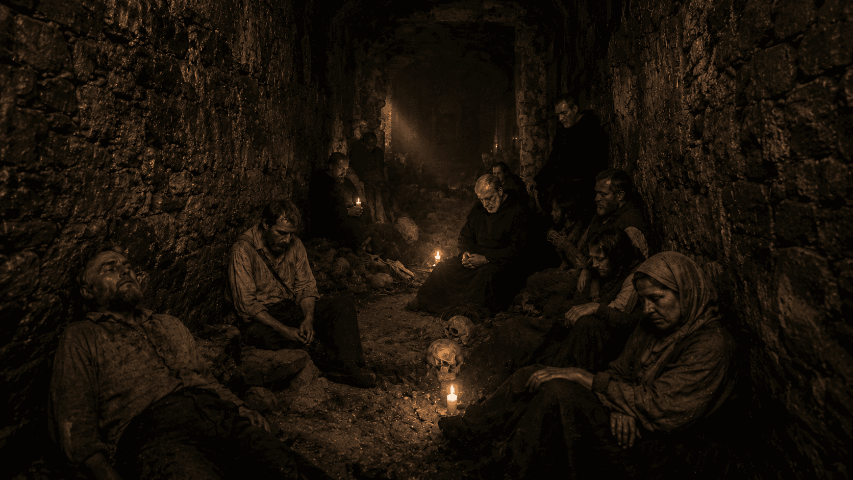 A dark historical scene depicting plague-stricken townsfolk and friars gathered inside the crypt by candlelight
