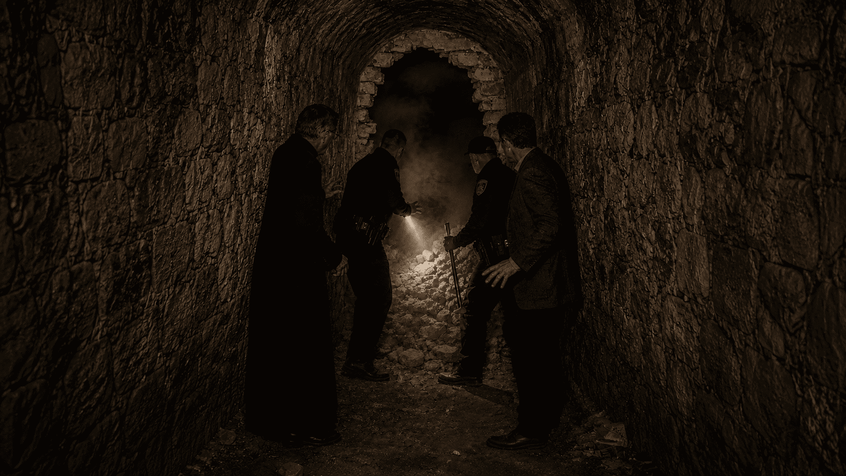 Police officers and the priest standing at the breached archway as thick dust fills the air of the tunnel