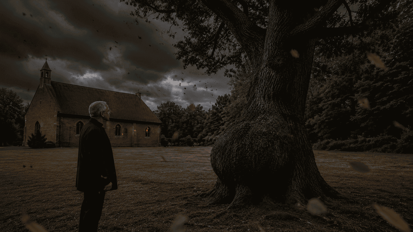 Father Gabriel standing in a dark stormy night outside the church, leaves blowing in the wind